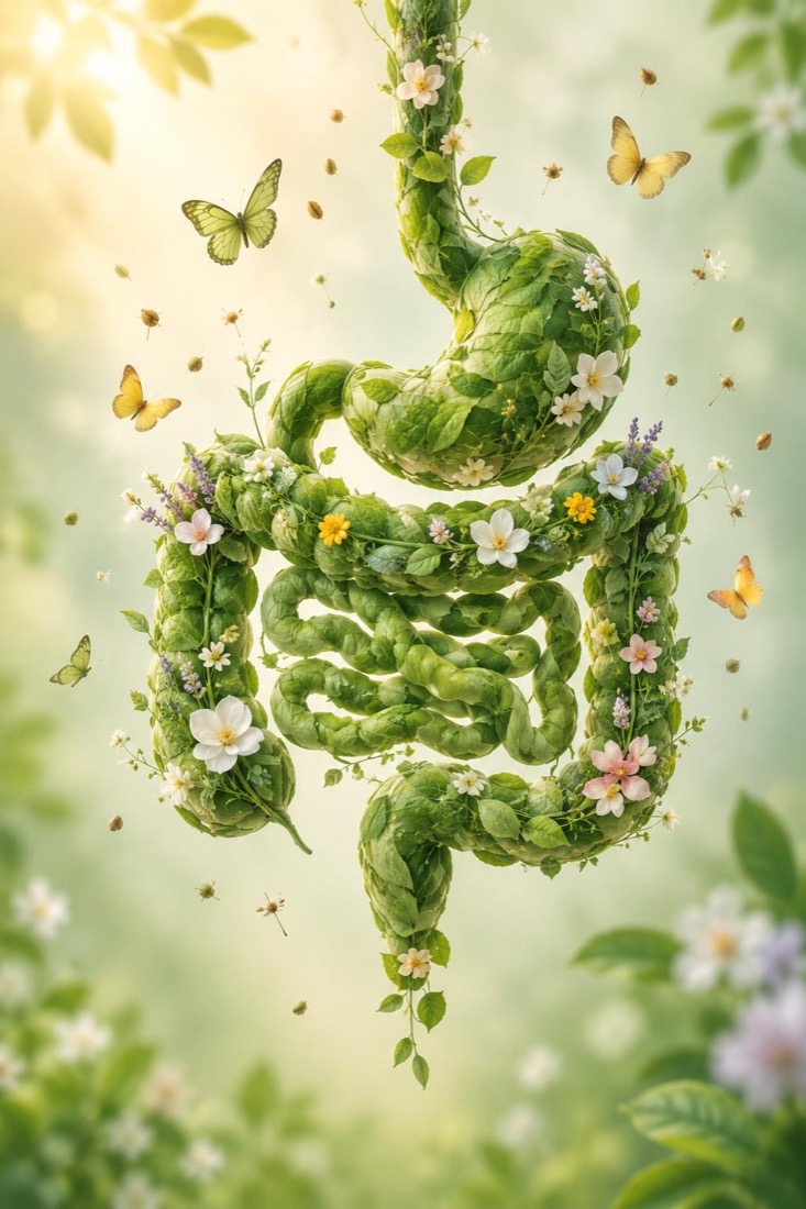 Ilustración de un intestino sano hecho de hojas y flores